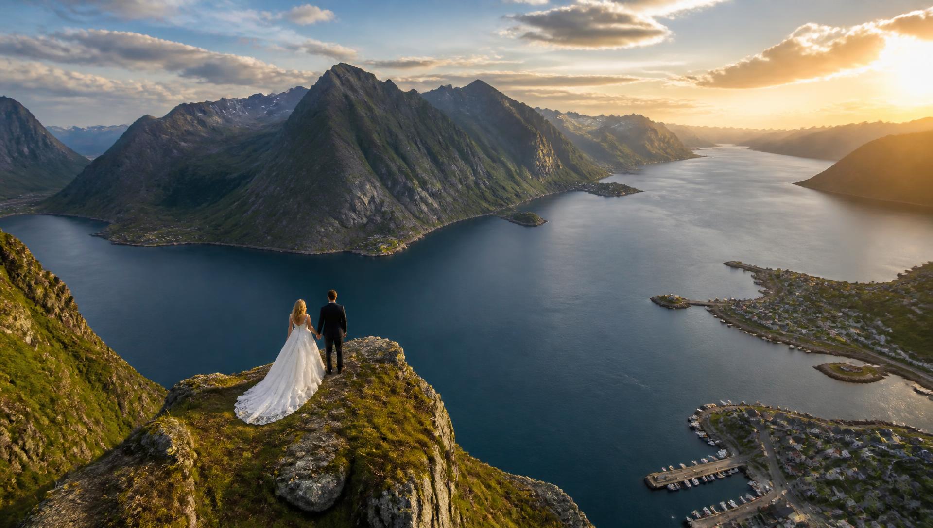 Bryllupspar på en fjellklippe med norsk fjord, hav og fjell i bakgrunnen – sett fra lufta