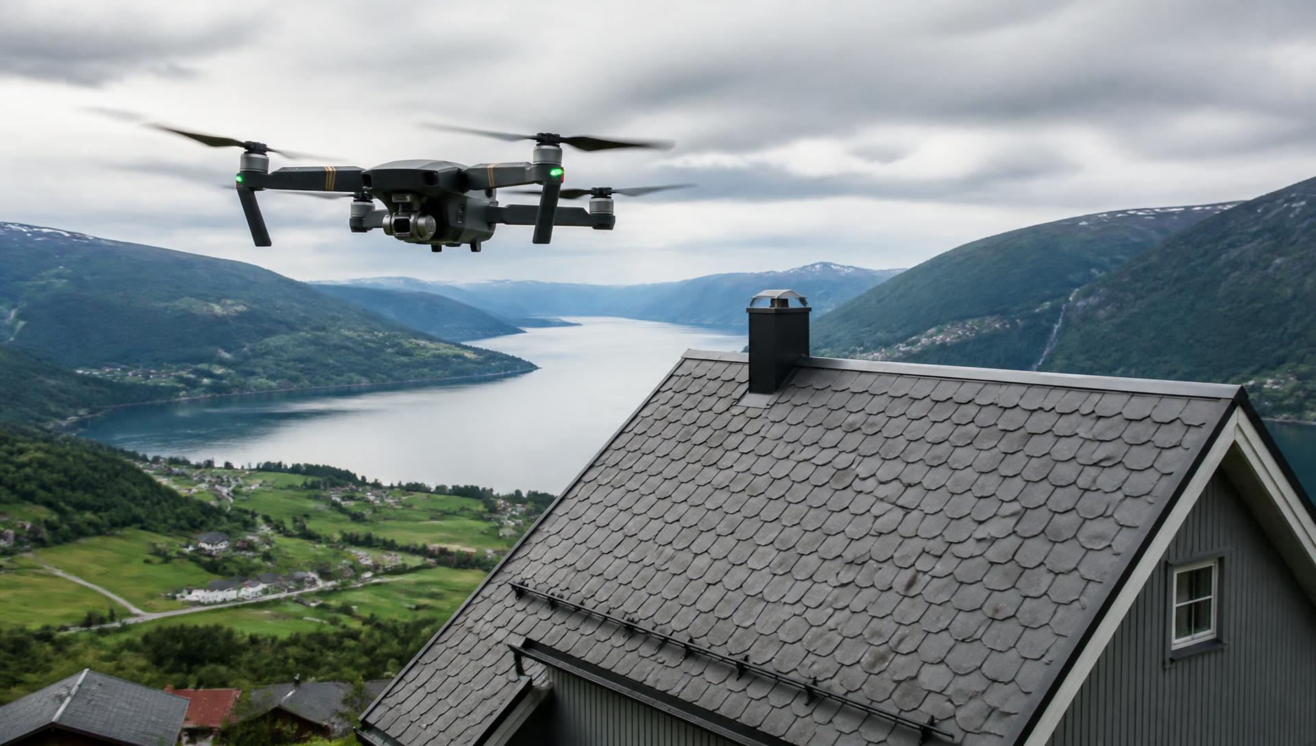 Drone i lufta som inspiserer taket på et bygg i norsk fjordlandskap