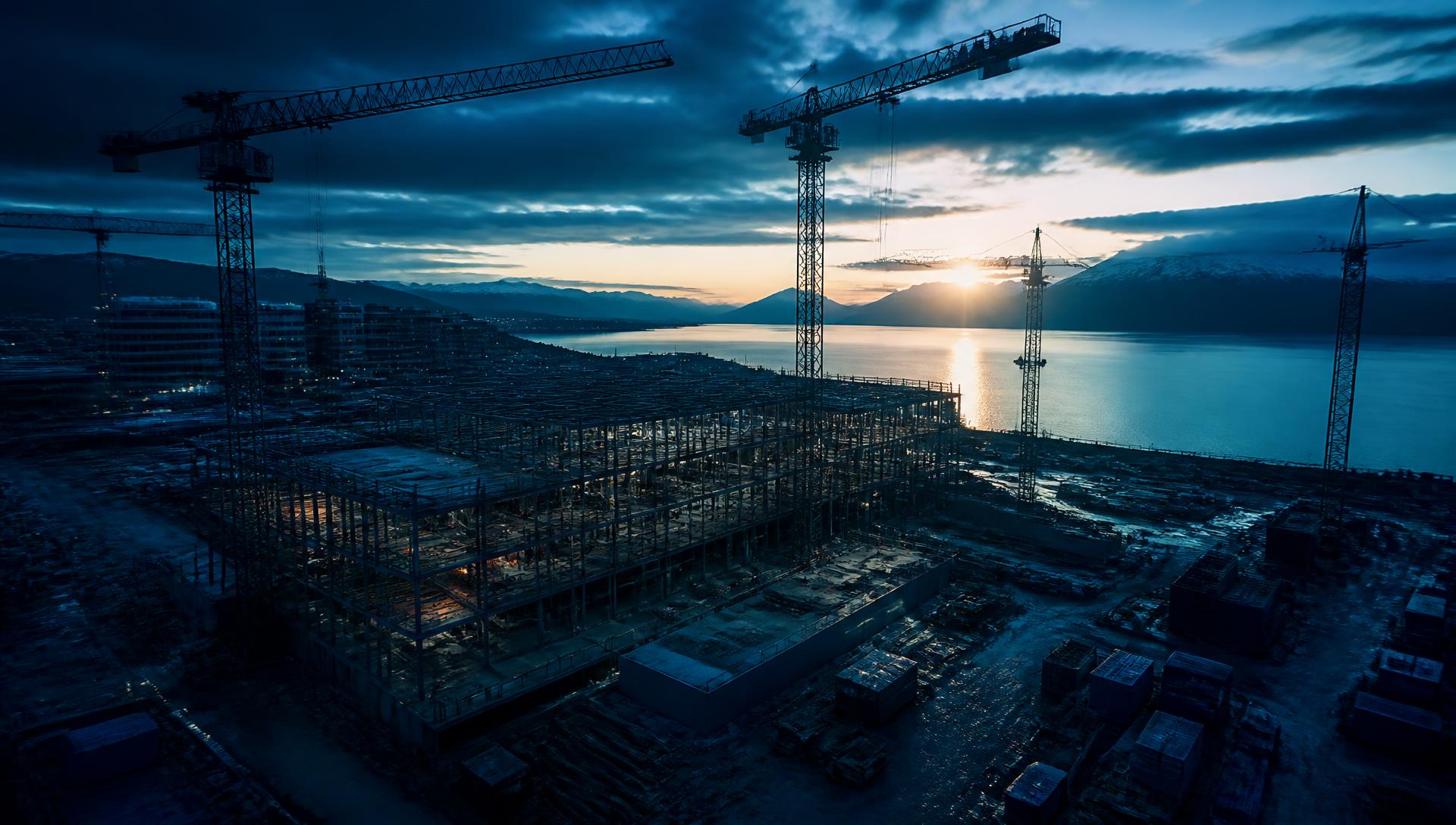 Droneoversikt over byggeplass ved fjord og fjell i solnedgang